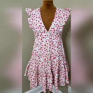 Aqua Floral Ruffle Dress - Red and White